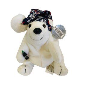 Collectible‎ Coca-Cola Polar Bear Plush With Santa Hat & Bottle 6 1/2" x 5" Bean
